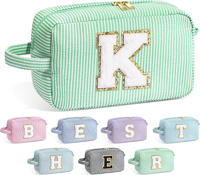 YOOLIFE Initial Monogram Makeup Bag - Personalized Green Initial, Travel Toiletry Pouch, Cute Cosmetic Case