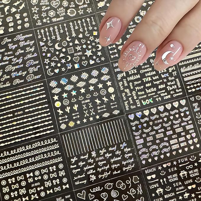 30 Sheets Silver Nail Art Stickers Aurora Star Moon Nail Decals 3D Self-Adhesive Holographic Line Nail Stickers Laser Heart Letter Snowflake Leaf Nail Supplies for Women Girls Manicure DIY