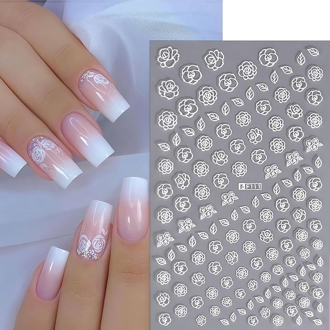 Flower Nail Stickers 3D Self-Adhesive Cute White Cherry Blossoms Decals Spring and Summer Leaves Flowers Design Supplies for Woman Girls DIY Manicure Decorations 8 Sheets