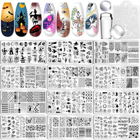 Biutee Nail Stamping Plate Set 12Pcs Nail Art Stamping Plates Nail Stamping Kit Nail Stamper Kit Flower Leaves Animal Lace Star Halloween Christmas Design Nail Stamp Plate