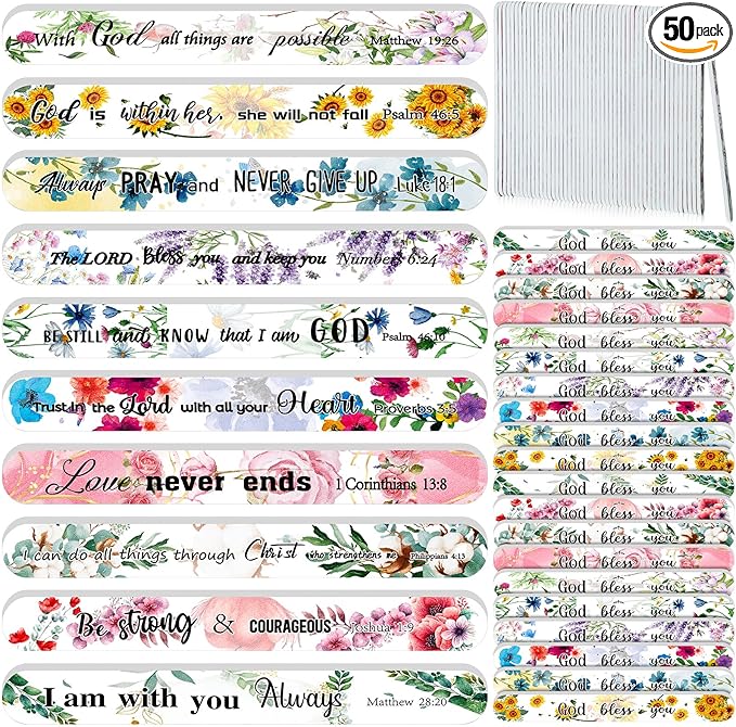 50 Pack Christian Gifts for Women Bulk Church Bible Verse Nail Files Floral Scripture Emery Boards Christian Religious Gift Nail Files for Employee Appreciation Teacher Staff Coworkers Women