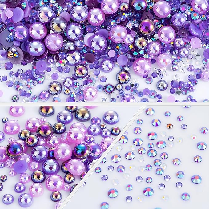 60g Mix Purple Flatback Rhinestones Half Pearls for Crafting, Mixed Size 3mm-10mm Resin Rhinestones for Bedazzling, Small Pearls for DIY Tumblers Mugs Nail Art Shoes Clothes with Glue