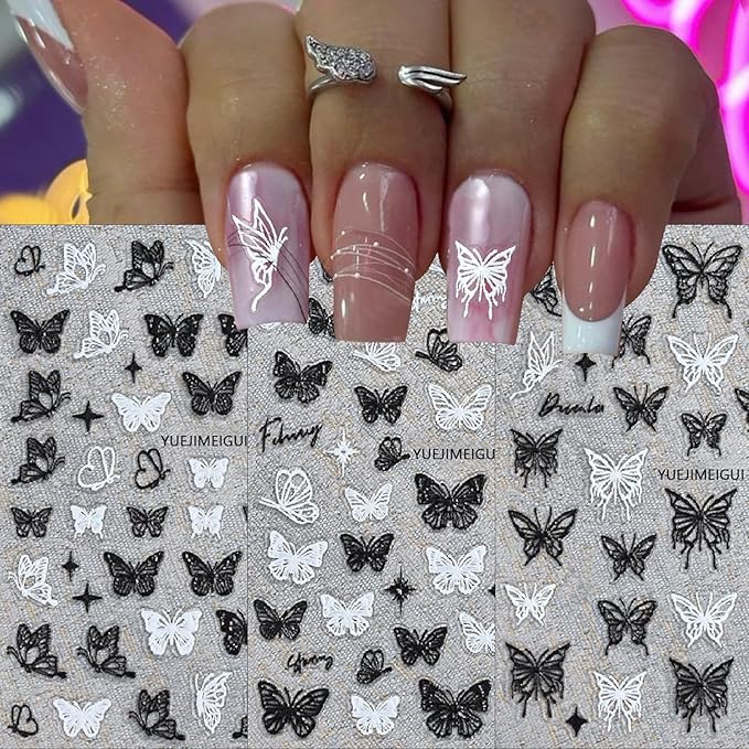 3 Sheets Hollow Butterfly Nail Art Stickers Ribbon Butterfly Nail Decals 5D Embossed Self Adhesive Black White Butterflies Nails Design Stickers for Women Manicure Decoration