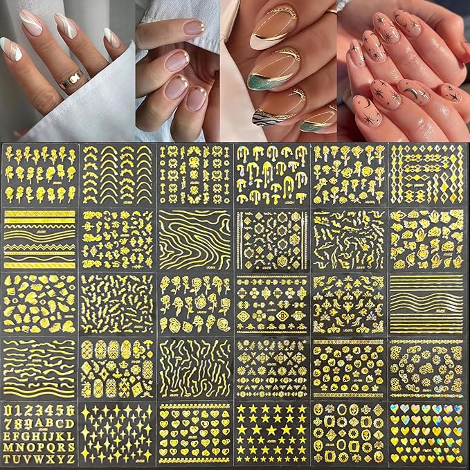 30 Sheets Gold Nail Art Stickers 3D Self-Adhesive Nail Decals Holographic Laser Gold Floral Star Heart Leaf Nail Design Nail Supplies for Women Girls Nail Art Decoration Accessories