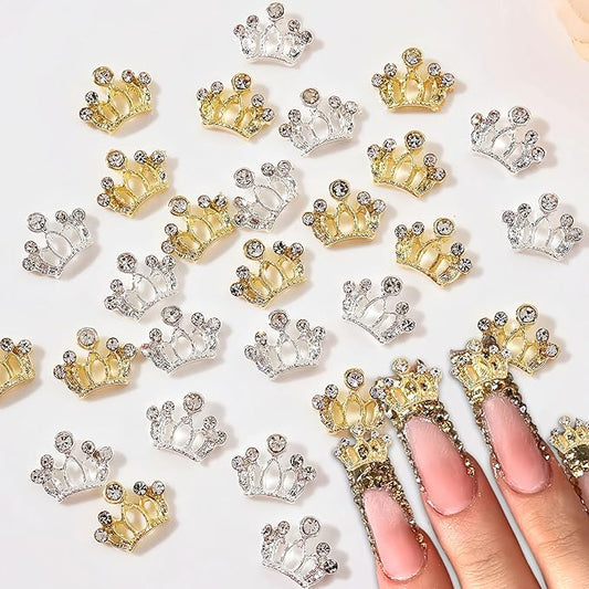 24pcs Metal Crown Nail Charms Shiny Gold Silver Nail Rhinestones Hollow Out Crown Nail Gem Exquisite Luxury Crown Nail Design Crystal Crown Nail Jewels Nail Decorations for Nail Art DIY Nail Supplies