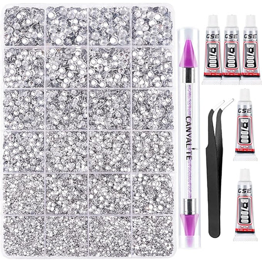 Canvalite 25000Pcs Resin Jelly Rhinestones for Crafting, Clear Flatback Gems, Bedazzling Crystal with 5Pcs 2.5g B7000 Jewelry Glues and Tweezers and Dotting Pen for DIY Crafts Clothing Shoes Nail Art