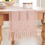 Macrame Style Boho Table Runner, 12x60 Inch Light Pink | Woven Boho Table Runner - Image 7