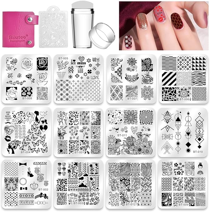 Biutee Nail Stamper Kit 12Pcs Nail Stamping Plate 8Pcs Stamping Gel Polish Nail Stamping Kit with Silicone Stamper Scraper Storage Bag Lace Plaid Stamp Template Halloween Christmas Gift for Women