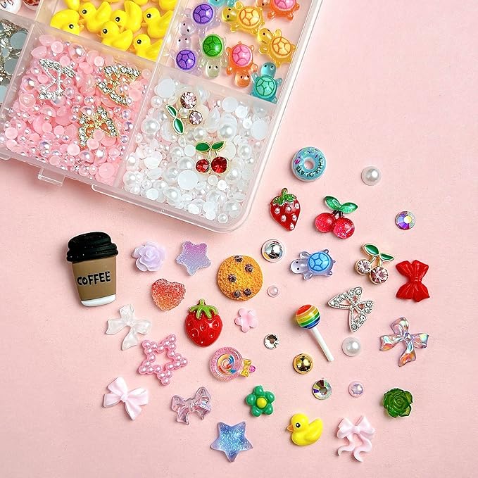 Mixed Colours Flower Nail Charms, Cute Strawberr Candy Star Heart Bow Charms for Nails, Alloy Cherry Gold Bead White Pearl Nail Art Designs for Nail Decorate DIY Craft Body Face Craft and Salon Use
