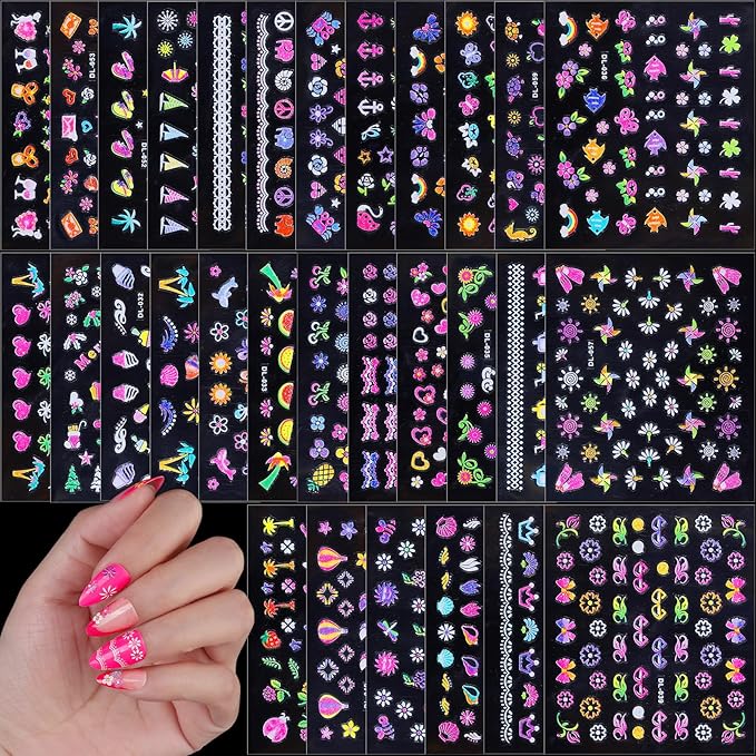 FANDAMEI Nail Stickers for Girls, 30 Sheets Cute Kids Nail Stickers for Nail Art, 3D Self-Adhesive Glitter Floral Fruit Heart Decals for Women, Little Girl Nail Decals for Design