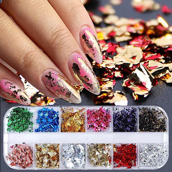12 Colors Nail Art Sequins Holographic Gold Foil Nails Glitter Mermaid Design Acrylic Art for Women Girls DIY Nail Decoration