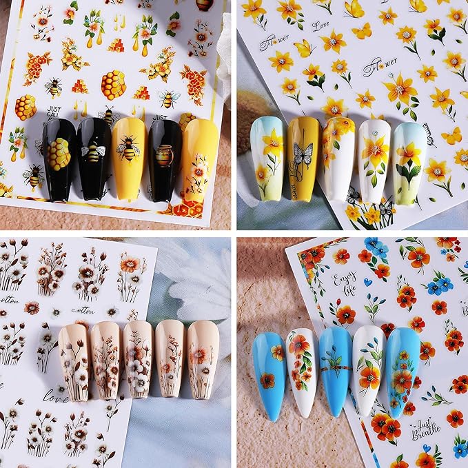8 Sheets Multi Styles Sunflower Nail Art Stickers Summer Floral Self-Adhesive Yellow Orange Sun Flowers Butterfly Bees Decals Nail Sticker for Women Girls Manicure Tips Decoration