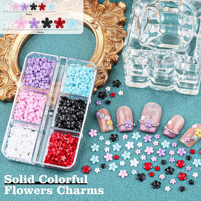 4 Boxes 3D Flower Nail Charms and Gems - Colorful Nail Flower Charms Crystal AB Clear Gemstones Silver/Gold Caviar Beads White/AB Pearls for Women DIY Manicure Crafts (21-S4-Colorful1)
