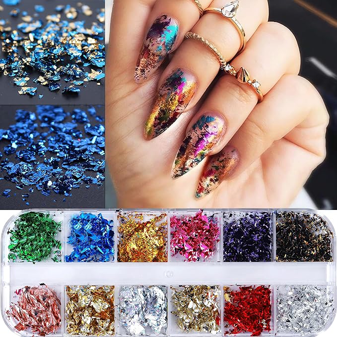 12 Colors Nail Art Sequins Holographic Gold Foil Nails Glitter Mermaid Design Acrylic Art for Women Girls DIY Nail Decoration
