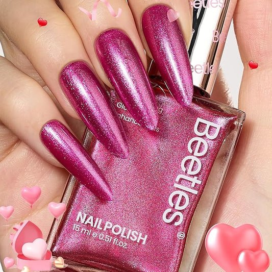 Beetles Hot Pink Nail Polish 15ml, Fast Drying & Long Lasting Glitter Nail Polish Pink Nail Lacquer Glossy for DIY Nail Salon-Quality Results