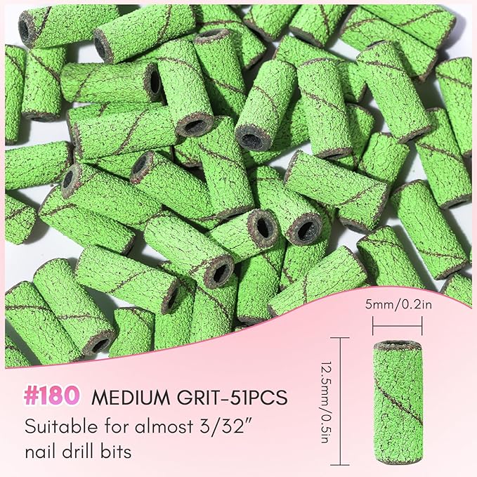 Makartt Sanding Bands for Nail Drill:100 Pcs Small Nail Sanding Files With 2025 Upgrade Design 3.1mm Mandrel Bits,180 Medium Grits (Green, #180)