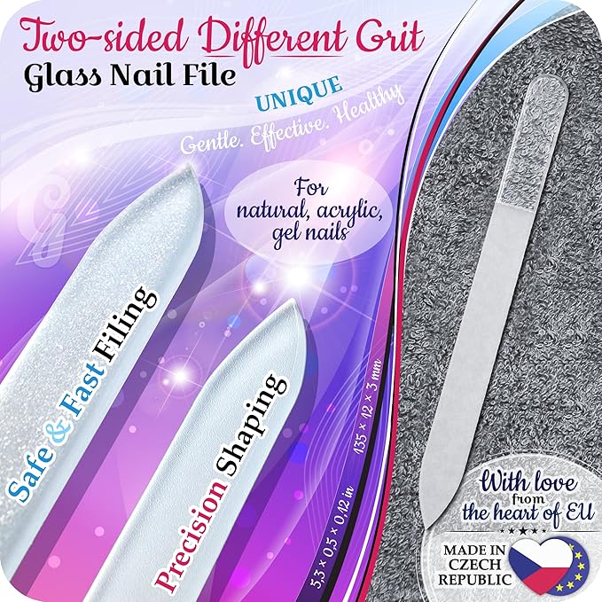 GLADZY 3D Czech Glass Nail File with Case – Crystal Nail File for Natural Nails, Double Sided Dual Grit Coarse & Smooth Etched Surface, Comfort 3D Grip Handle, Professional Manicure Tool, Made in EU