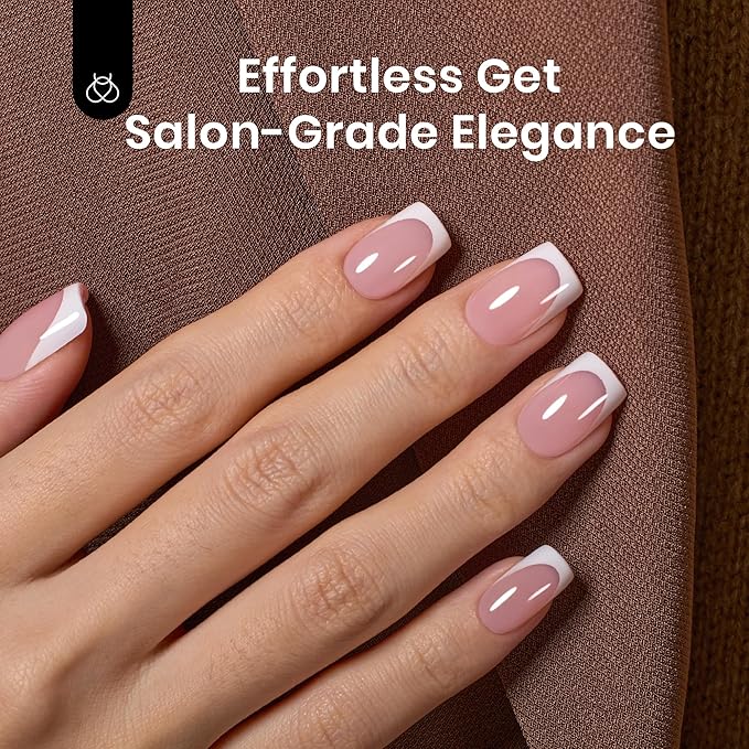 Beetles X Press Plus French Tip Nails - Camellia French | Pink Short Square Press On Nails | 16 Sizes 224 Pcs Natural Salon Quality Gel Nail Tips
