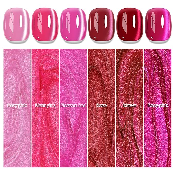 MIZHSE Cat Eye Gel Nail Polish, Pink Magnetic Gel Polish Set with Magnet Stick, Glossy Finish Neon Hot Pink Soak Off Nail Art Manicure Salon DIY Home Women Gift