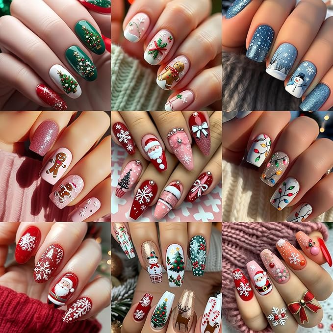 4 Sheets Christmas Nail Art Stickers 5D Micro Relief Gingerbread Man Nail Decals Santa Claus Snowman Snowflake Xmas Tree Nail Design Xmas Light Bow Nail Decor Winter Holiday Manicure DIY Nail Supplies
