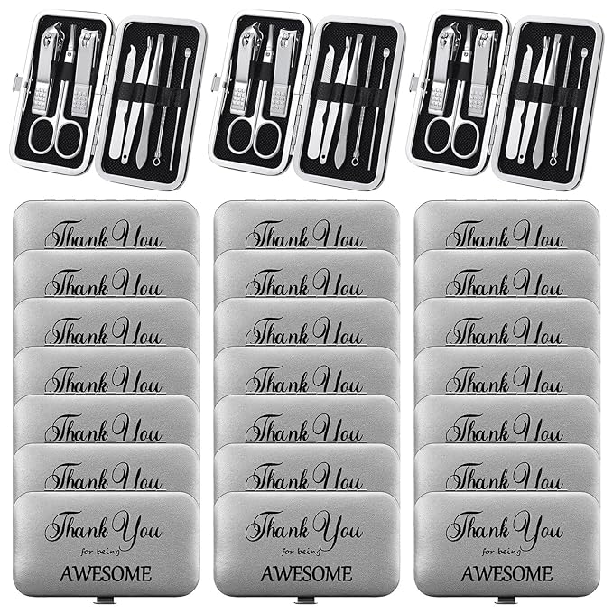 Therwen 24 Sets Manicure Set Nail Clippers 8 in 1 Stainless Steel Grooming Nail Kit Thank You Appreciation Gift Professional Pedicure Tool for Men Women Personal Care(Silver)