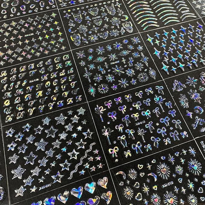 30 Sheets Star Nail Stickers Moon Nail Art Stickers 3D Embossed Self Adhesive Nail Decals Holographic Nails Design Aurora Line Bow Heart Nail Art Decals for Women Manicure DIY Decoration