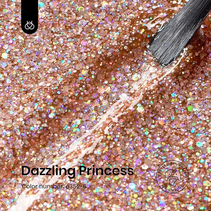 Beetles Glitter Gel Nail Polish 15ML Rose Gold Reflective Pink Gel Polish Dazzling Princess Nail Art Design Manicure Salon (1Pcs)