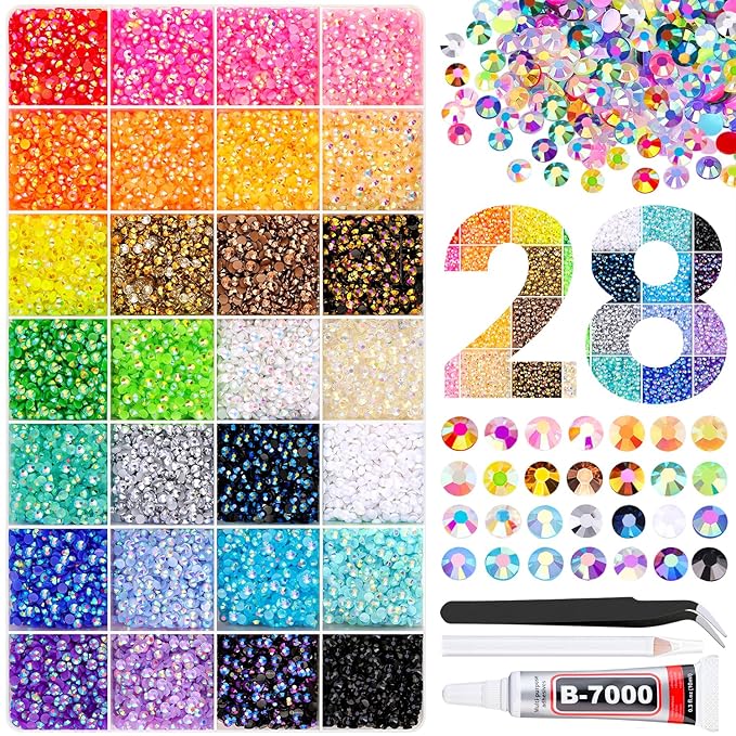32000Pcs Resin Rhinestones with Tweezers for Crafting, Mixed-Color 3mm Bedazzling Crystal with 1Pcs 10ml B7000 Jewelry Glue for DIY Crafts Clothing Tumblers Shoes Fabric Nail Art