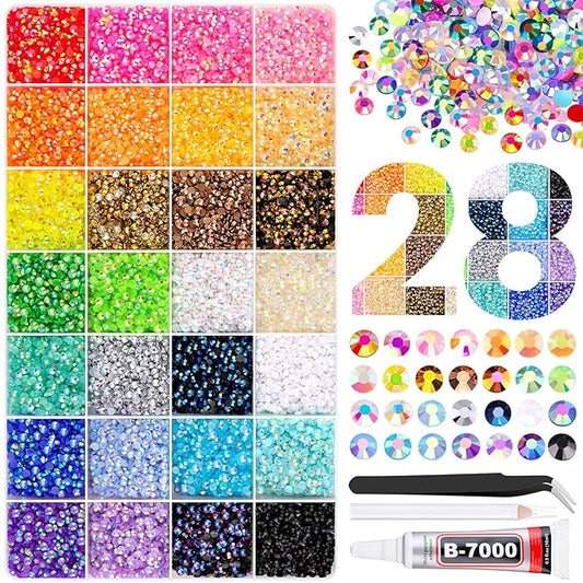 32000Pcs Resin Rhinestones with Tweezers for Crafting, Mixed-Color 3mm Bedazzling Crystal with 1Pcs 10ml B7000 Jewelry Glue for DIY Crafts Clothing Tumblers Shoes Fabric Nail Art