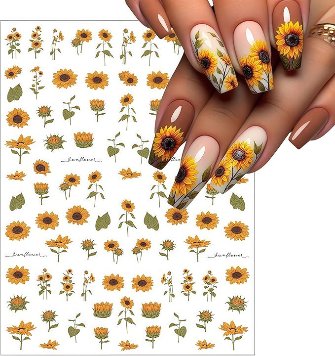 6 Sheets Spring Daisy Nail Art Stickers Sunflower Decals Yellow Daisy Design with Small Daisies White Floral Flowers Sunflowers Leaf for Women Manicure Decorations
