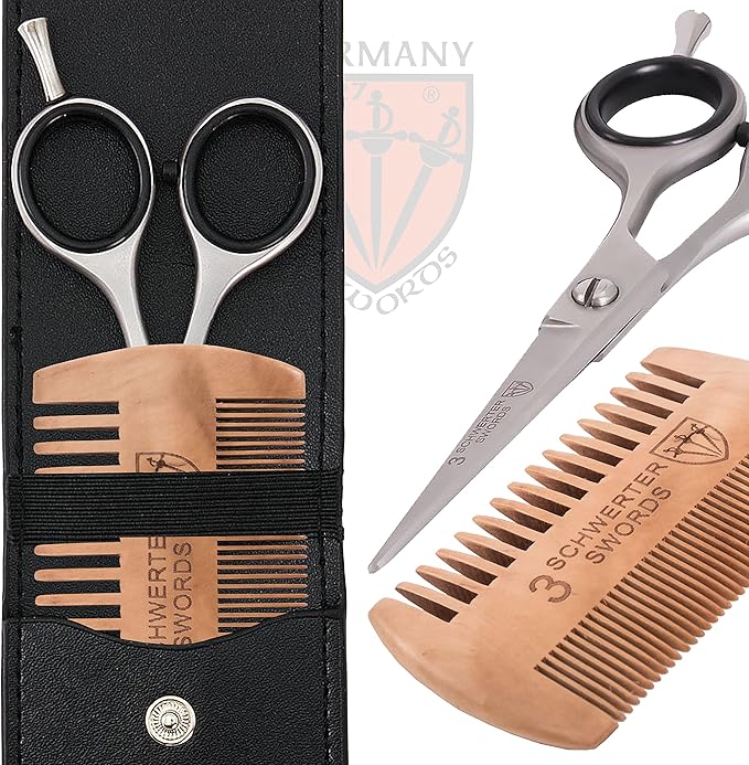 3 Swords Germany – professional BEARD MUSTACHE HAIR SCISSORS with BEARD COMB, stainless steel, straight blade, sharp, with black case