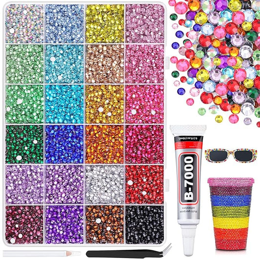 22000Pcs Resin Rhinestones for Bedazzling with B7000 Jewelry Glue, Multicolor 2/3/4mm Flatback Gems Rhinestones for Crafting, Clothing Tumblers Mugs Shoes Fabric Decor Nail Art