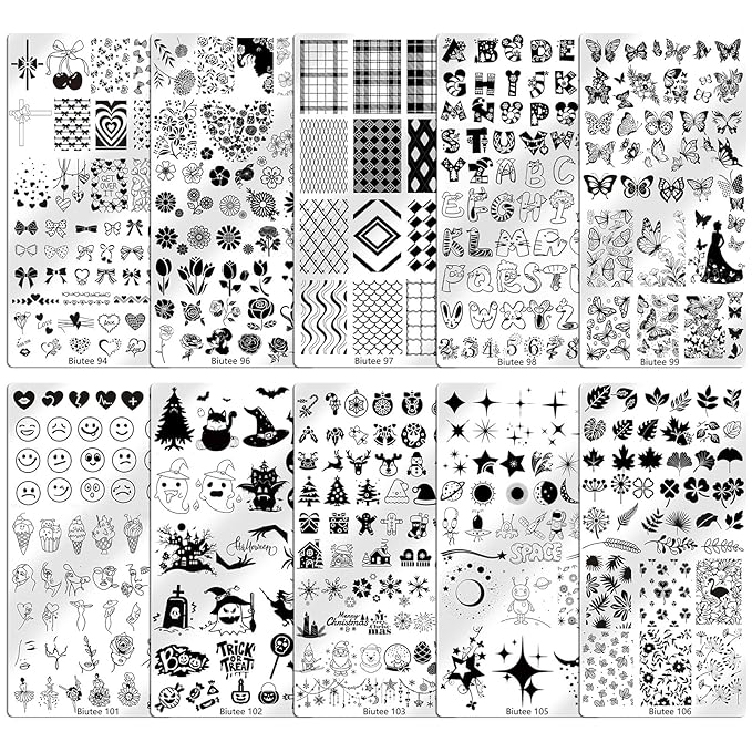 Biutee 10PCS Nail Art Stamping Plates Set Nail Stamper Kit with Nail Stamper Scraper and Storage Bag, Nail Stamp Plate Halloween Christmas Butterfly Starry Sky Flower Design Nail Stamping Kit