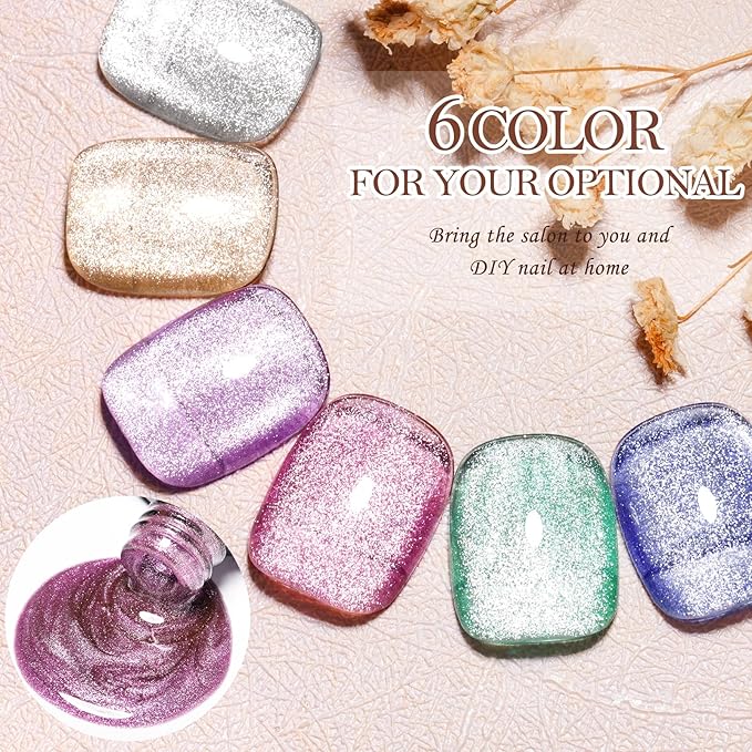 MEET ACROSS Ice Cat Eye Gel Nail Polish Set Magnetic Cat Eye Gel Nail Polish Set Soak Off UV LED Light Starry Sky Effect Magic Nail Polish Kit Manicure Nail Art Gift Kit 6 Colors Free Magnet Stick