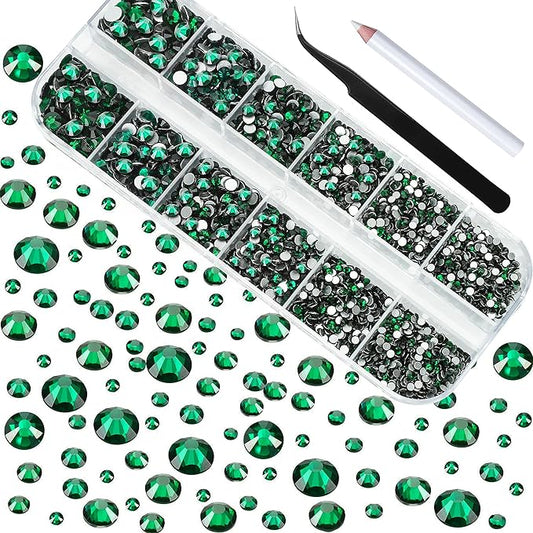 HUETFAT 2400pcs Flatback Rhinestones Gems Nail Diamonds-Glass Nail Crystals 6 Sizes (1.5-4.8 mm) Green Nail Art Rhinestones Kit with Tweezers and Wax Pencil Gems for Crafts/Tumblers/Face Eye Makeup