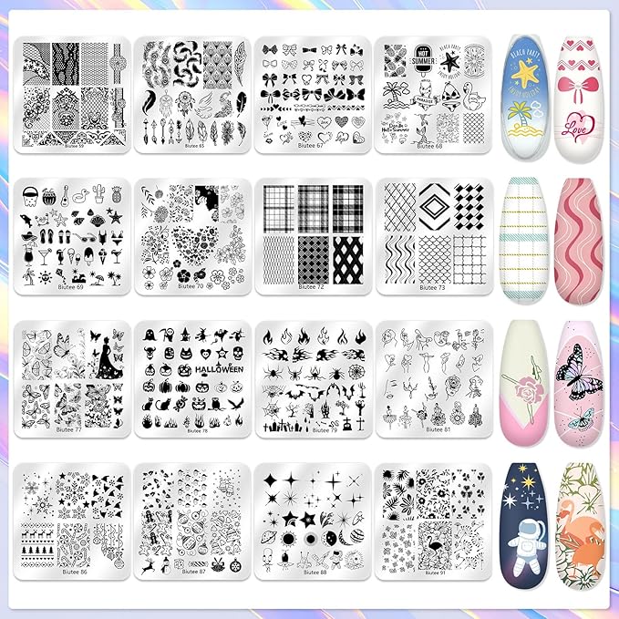 Biutee Nail Stamping Kit 12Pcs Nail Art Stamp Plates 8 Colors Stamping Polish Gel Silicone Stamper Scraper with Storage Bag, Nail Stamping Plate Lace Star Rose Plaid Template Halloween Design Gift