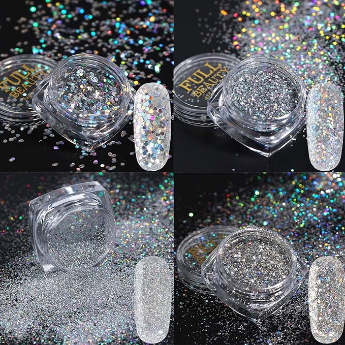 Holographic Nail Sequin Glitter Accessories Colorful 3D Glitter Flakes Nail Supply Acrylic Flakes Designs False Nails Manicure Tips Kit for fingernail toenail Nail Glitter Art Decorations (8 Boxes)