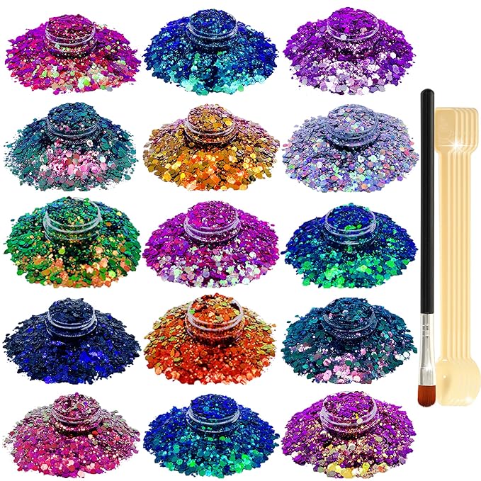 Nail Glitter SUPGIFT 15 Colors 130g Holographic Chunky Cosmetic Chameleon Sequins for Makeup Hair Body Art Slime Craft Resin with Brush 5 Spoons