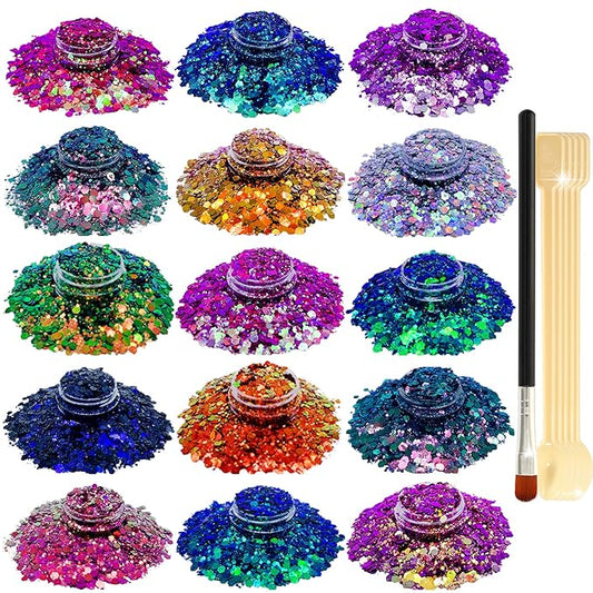 Nail Glitter SUPGIFT 15 Colors 130g Holographic Chunky Cosmetic Chameleon Sequins for Makeup Hair Body Art Slime Craft Resin with Brush 5 Spoons