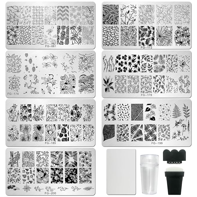 AddFavor Nail Stamper Kit - 7pcs Flower Leaves Stamping Plate with Silicone Stamper and Scraper, Animal Image Nail Stencils, Design Supplies
