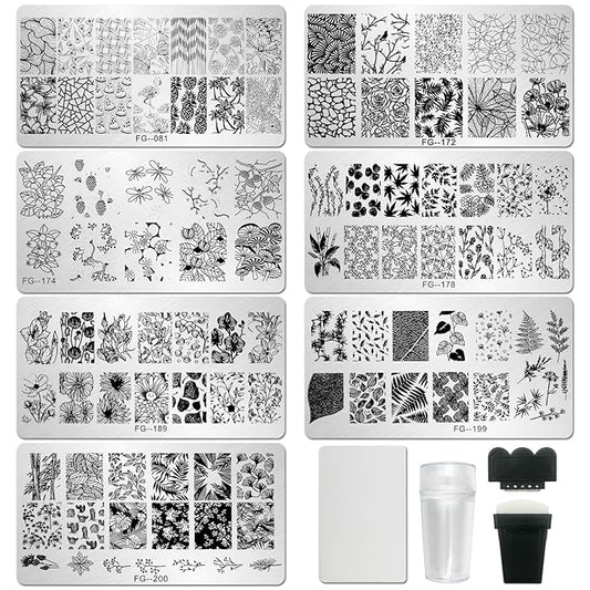 AddFavor Nail Stamper Kit - 7pcs Flower Leaves Stamping Plate with Silicone Stamper and Scraper, Animal Image Nail Stencils, Design Supplies