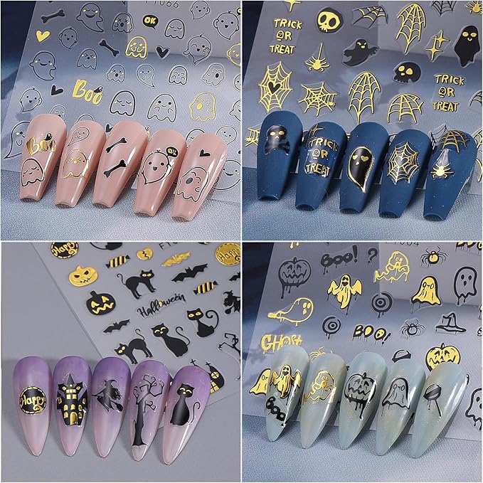 4Pcs Halloween Nail Stickers Gold Spider Nail Decals Self Adhesive Black Cobweb Spider Web Ghost Nail Design Halloween Nail Decoration Supplies Holiday Manicure Accessories for Women