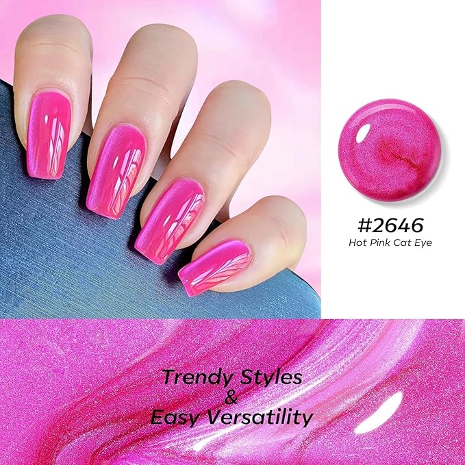 modelones Glassy Cat Eye Gel Nail Polish Glitter Holographic Hot Pink Cat Eye Pink Shimmer Reflective Translucent U v Gel Magnetic Nail Polish Top Coat for Women Girl 15ML