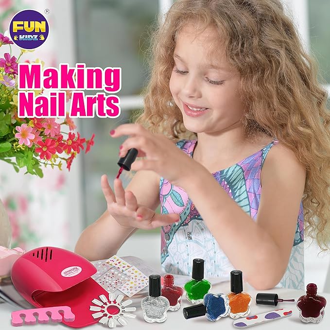 Kid Nail Art Kit for Girls, FunKidz Nail Studio Kits Size 17.91Wx12.4L with Peelable Nail Polish Nail Dryer Teens Makeup Mani Pedi Set Spa Party Gift