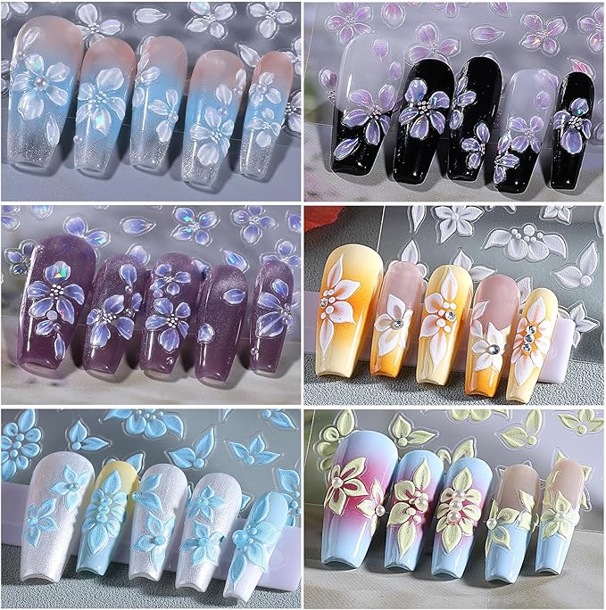 Acrylic Flowers for Nail Stickers - 12PCS 5D Embossed Petal Floral Nail Art Decals Aurora Shell Shinny Lily Hibiscus Sticker Tropical Summer Designs DIY Nail Art Supplies for Women Girls