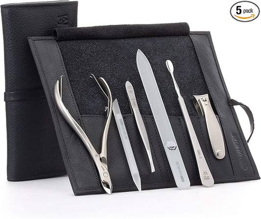 GERMANIKURE 6pc Manicure Set in Black Leather Case - FINOX Stainless Steel Tools Made in Germany, Glass Nail Care Supplies Made in Czech Republic – Professional Cuticle and Nail Care Kit