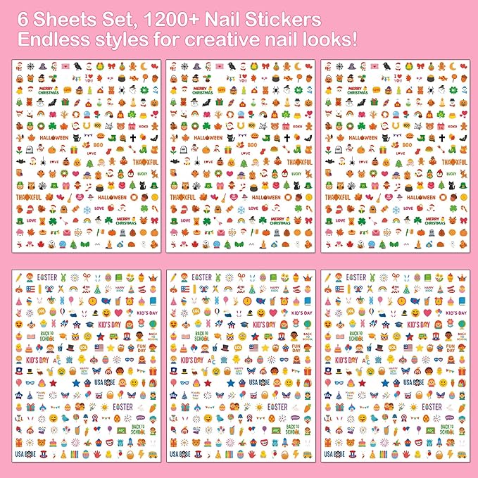 Mini Nail Stickers for Kids - 1200 Pcs All Holiday Favors for Little Girl, 11 Holidays 3D Cute Halloween, Christmas Designs - DIY Home Nail Art Decals for Toddler Easter Basket (6 Sheets)