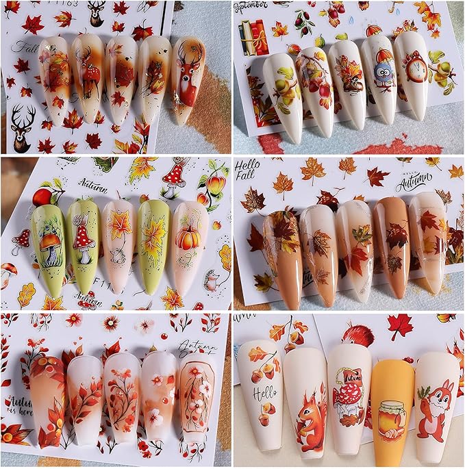 Fall Pumpkin Nail Stickers Decals 10PCS Autumn Maple Leaves Designs for Nails Art Squirrel Mushroom 3D Self-Adhesive Sliders Manicure Fall Nail Art Stickers Supplies for Women DIY Holiday Decoration