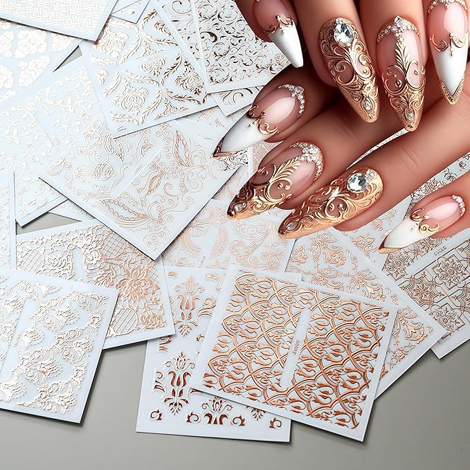 30 Sheets Lace Flower Nail Art Sticker 3D Self-Adhesive Hollow Rose Golden Lace Floral Vine Decals Irregular Geometric Manicure Sliders for Spring Summer Women Acrylic Nail Decorations