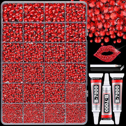 30000Pcs Resin Red Rhinestones with B7000 Jewelry Glue for Crafting, 2-6mm Non Hotfix Flatback Gems, Bedazzling Crystal for DIY Crafts Clothing Tumblers Mugs Shoes Fabric Decor Nail Art